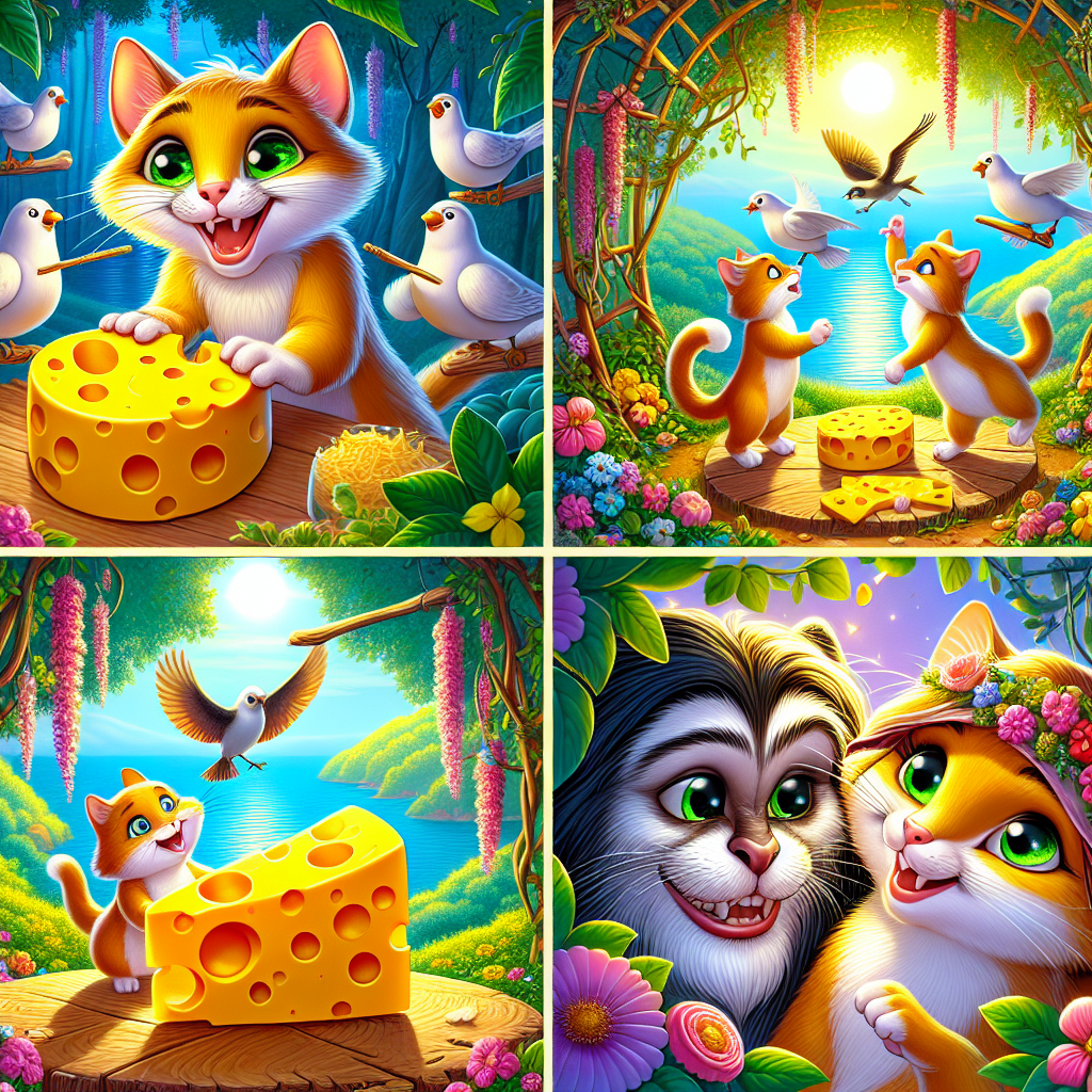 Colorful cartoon storyboard showing 8 key scenes from The Two Cats and the Cheese