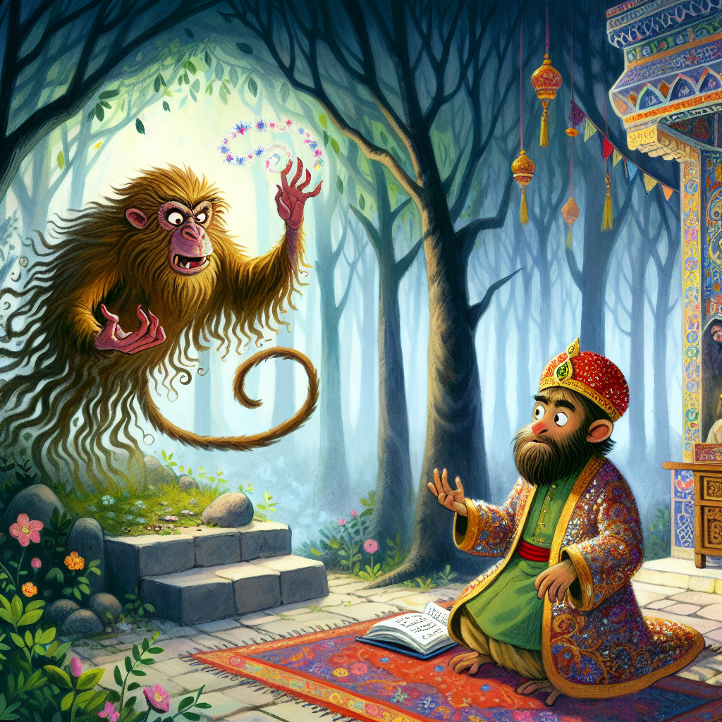 Colorful children's illustration for the story: The Monkey and the Demon