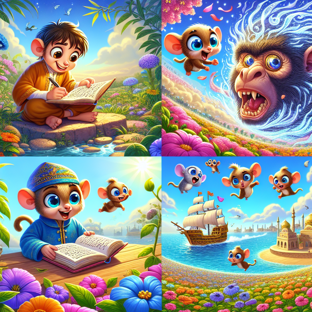 Colorful cartoon storyboard showing 8 key scenes from The Monkey and the Demon