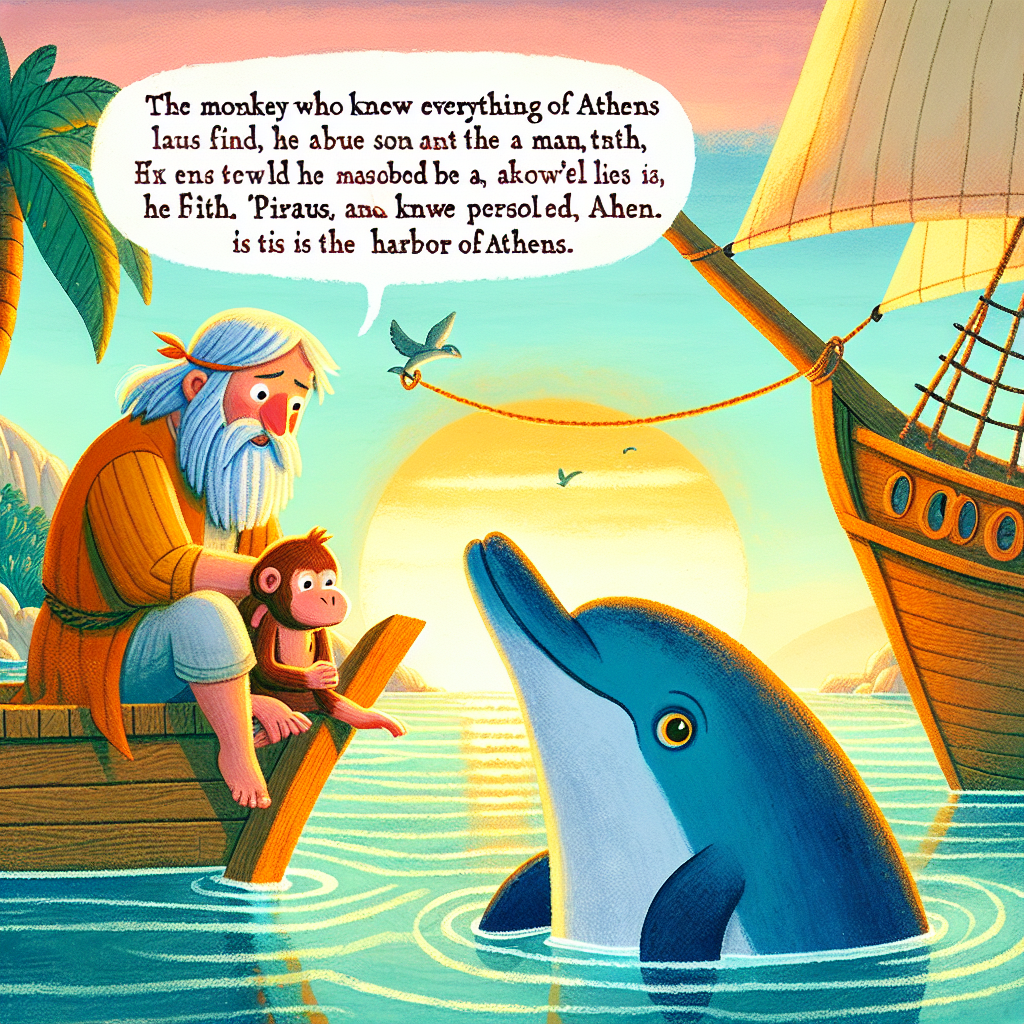 Colorful children's illustration for the story: The Monkey and the Dolphin
