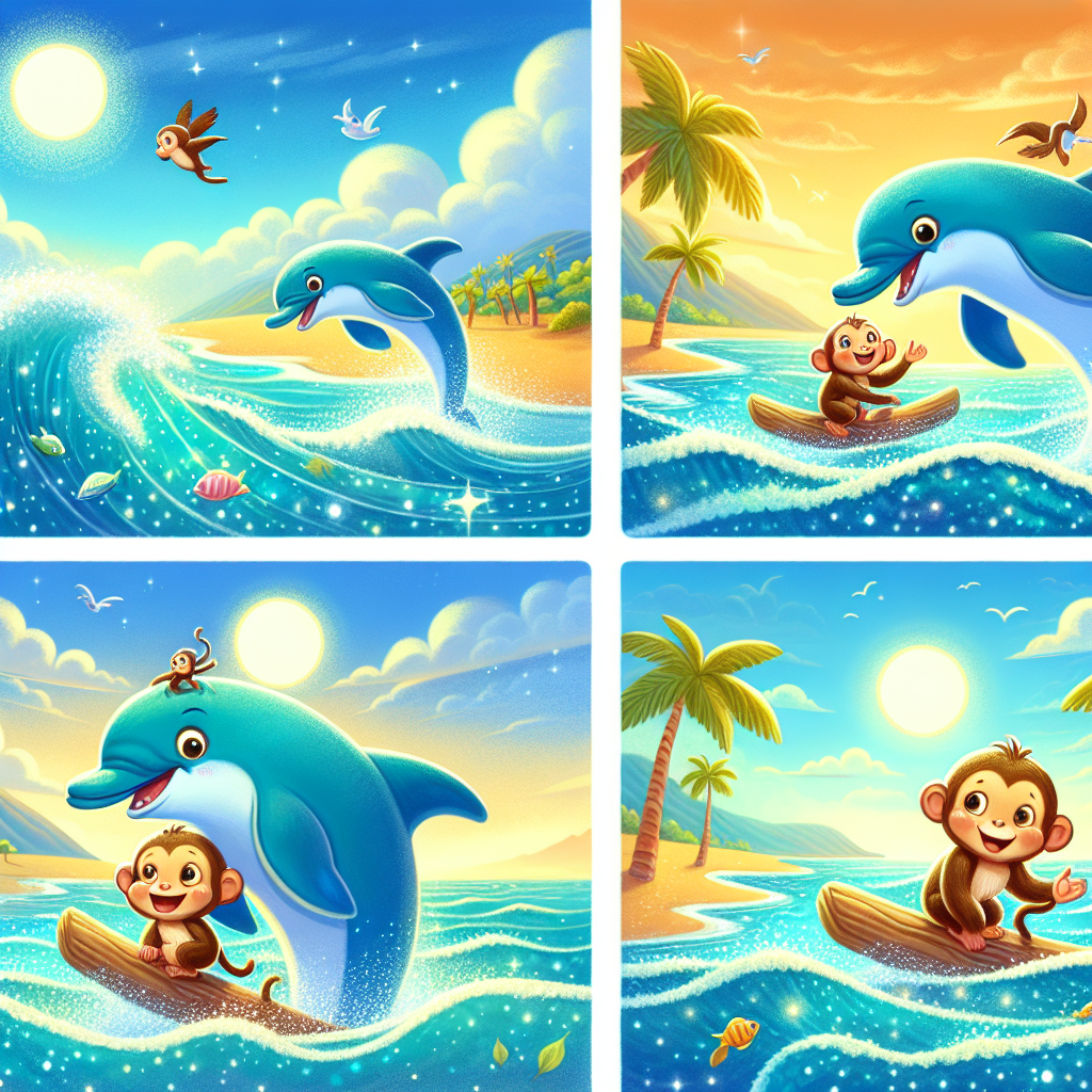 Colorful cartoon storyboard showing 8 key scenes from The Monkey and the Dolphin