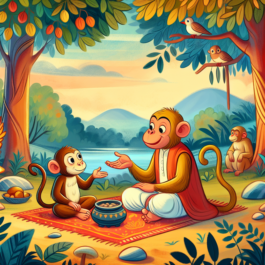 Colorful children's illustration for the story: The Monkey and the Wedge