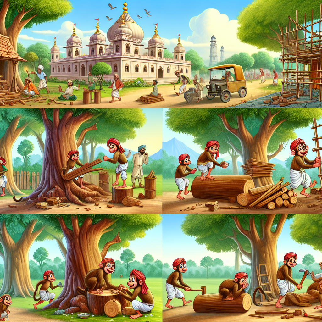 Colorful cartoon storyboard showing 8 key scenes from The Monkey and the Wedge