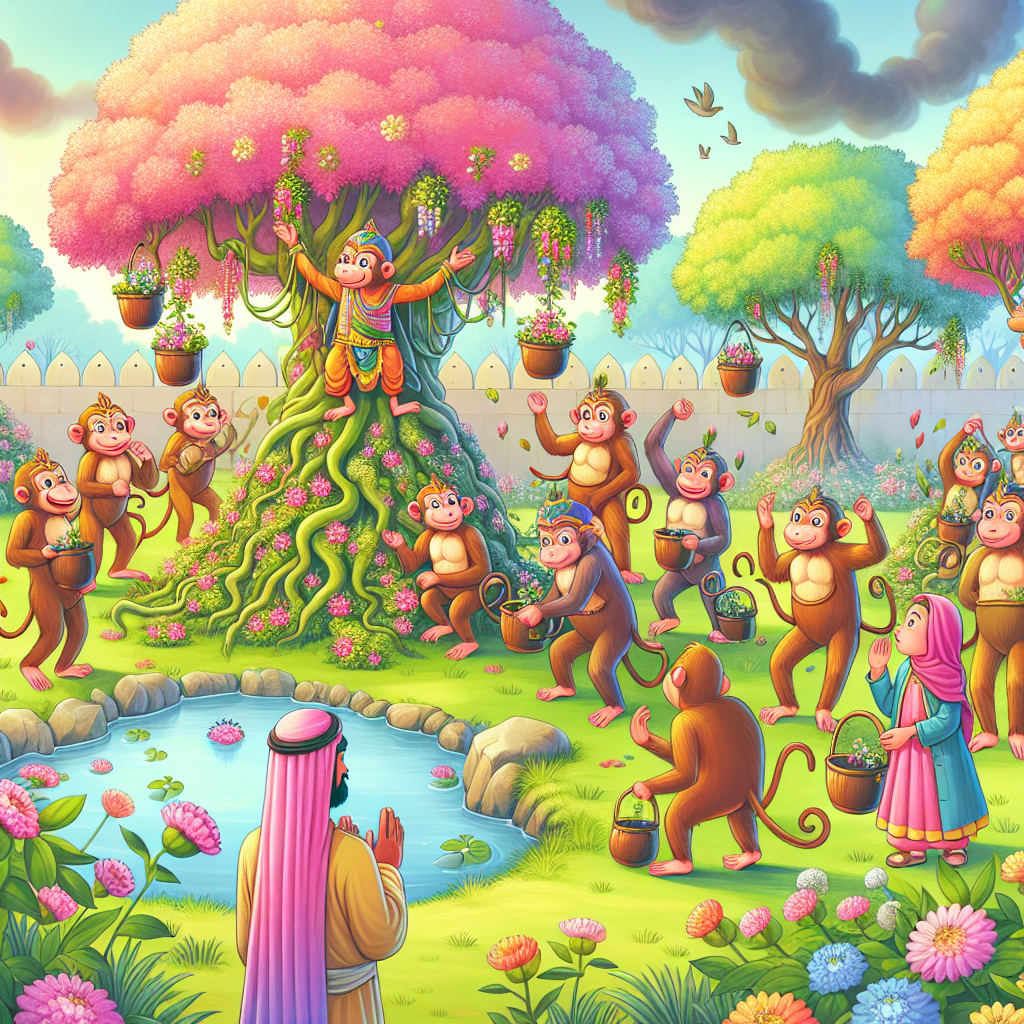 Colorful children's illustration for the story: The Monkeys and the Gardener