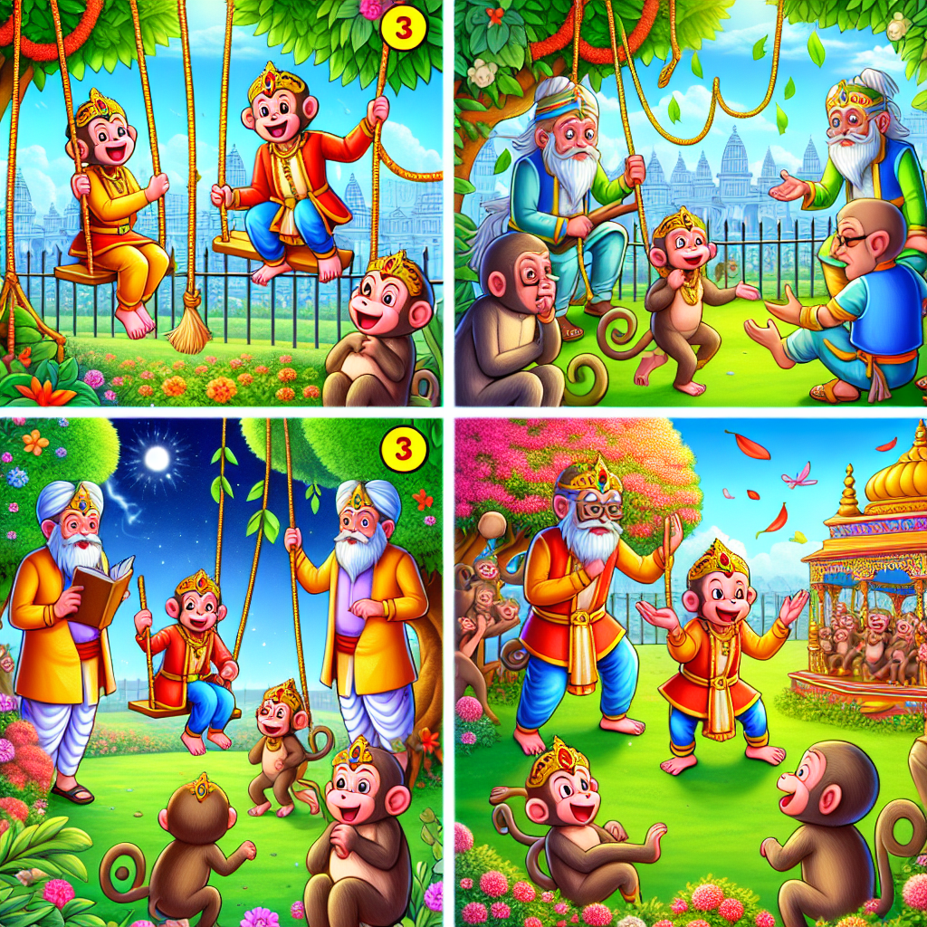 Colorful cartoon storyboard showing 8 key scenes from The Monkeys and the Gardener