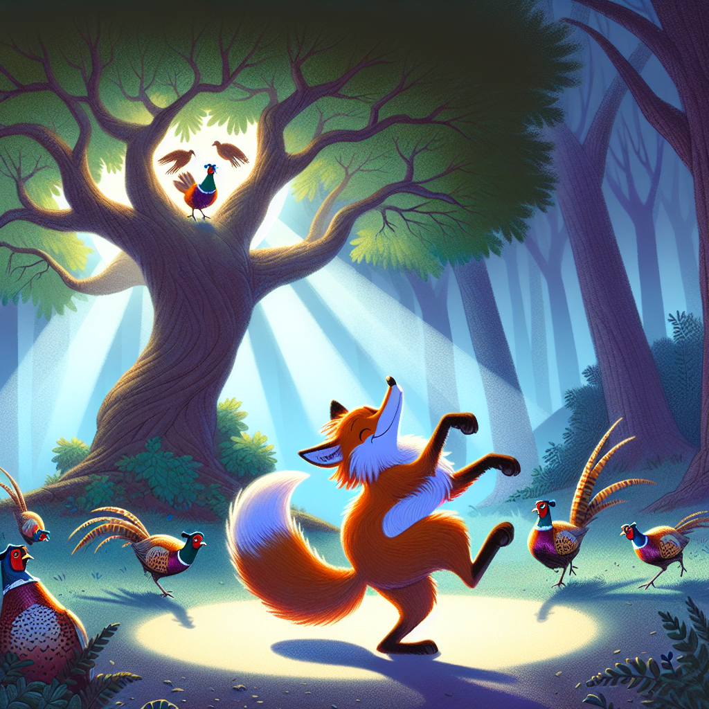 Colorful children's illustration for the story: The Fox and the Pheasants