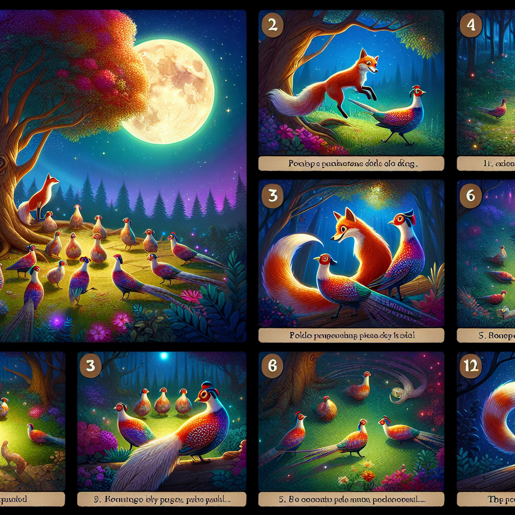 Colorful cartoon storyboard showing 8 key scenes from The Fox and the Pheasants