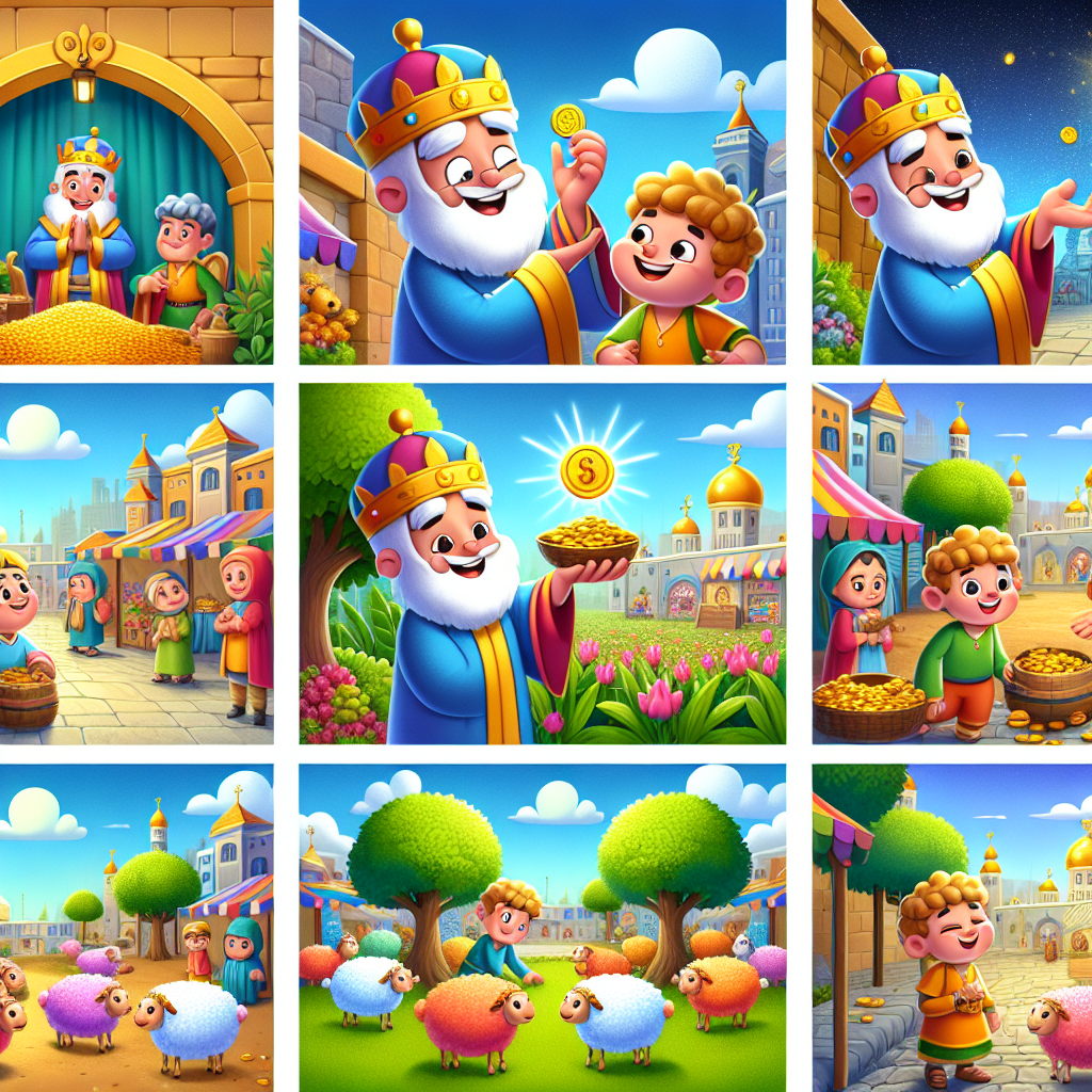 Colorful cartoon storyboard showing 8 key scenes from The Most Learned Man in the Kingdom