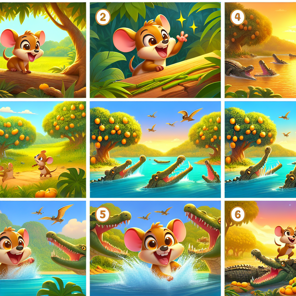 Colorful cartoon storyboard showing 8 key scenes from Miko and the Crocodile River