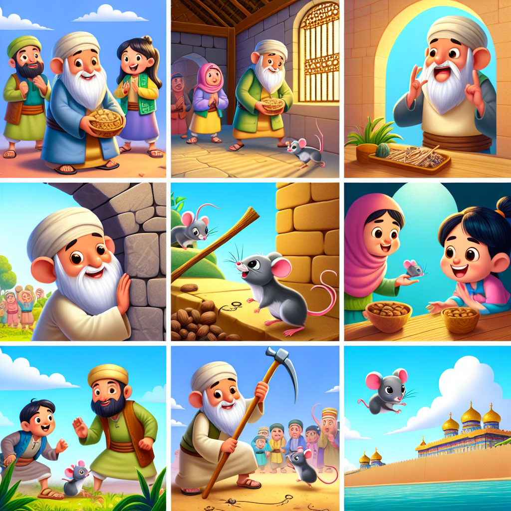 Colorful cartoon storyboard showing 8 key scenes from The Clever Mouse