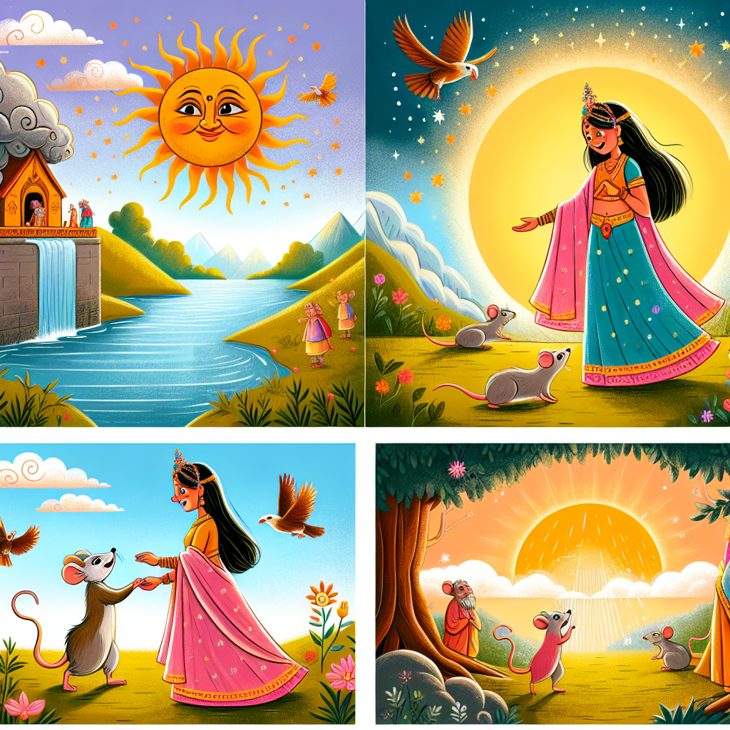 Colorful children's illustration for the story: The Mouse and the Sun