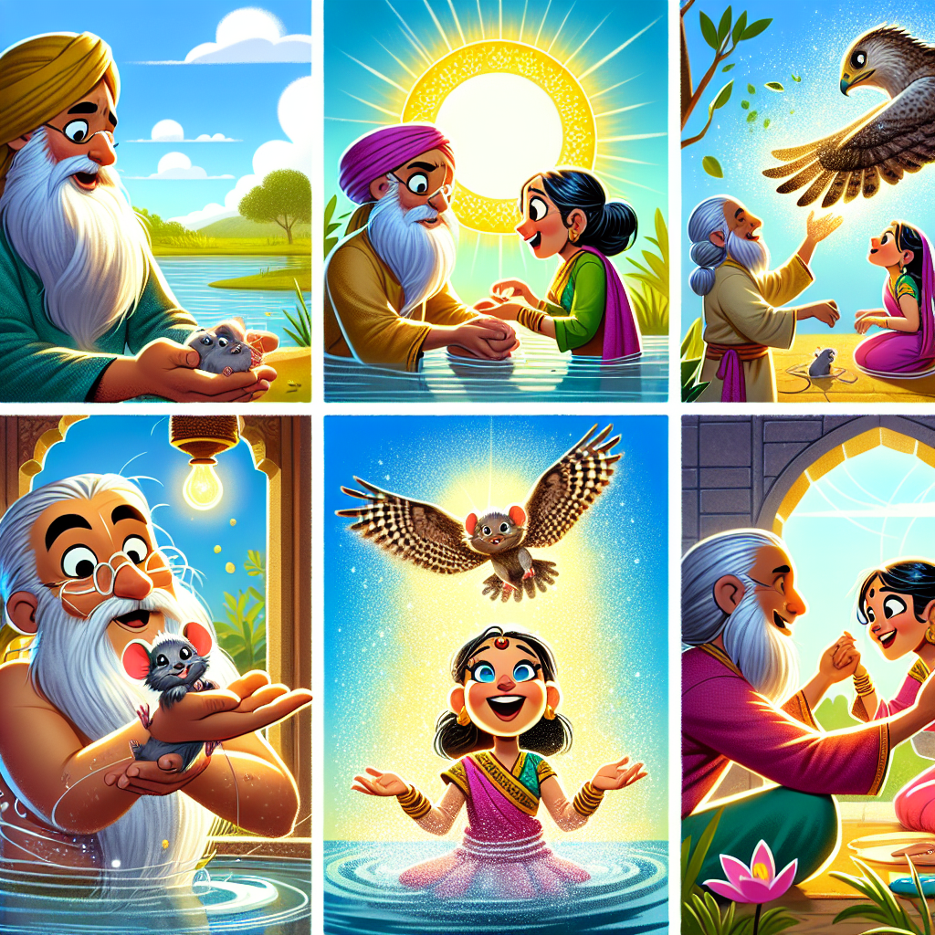 Colorful cartoon storyboard showing 8 key scenes from The Mouse and the Sun