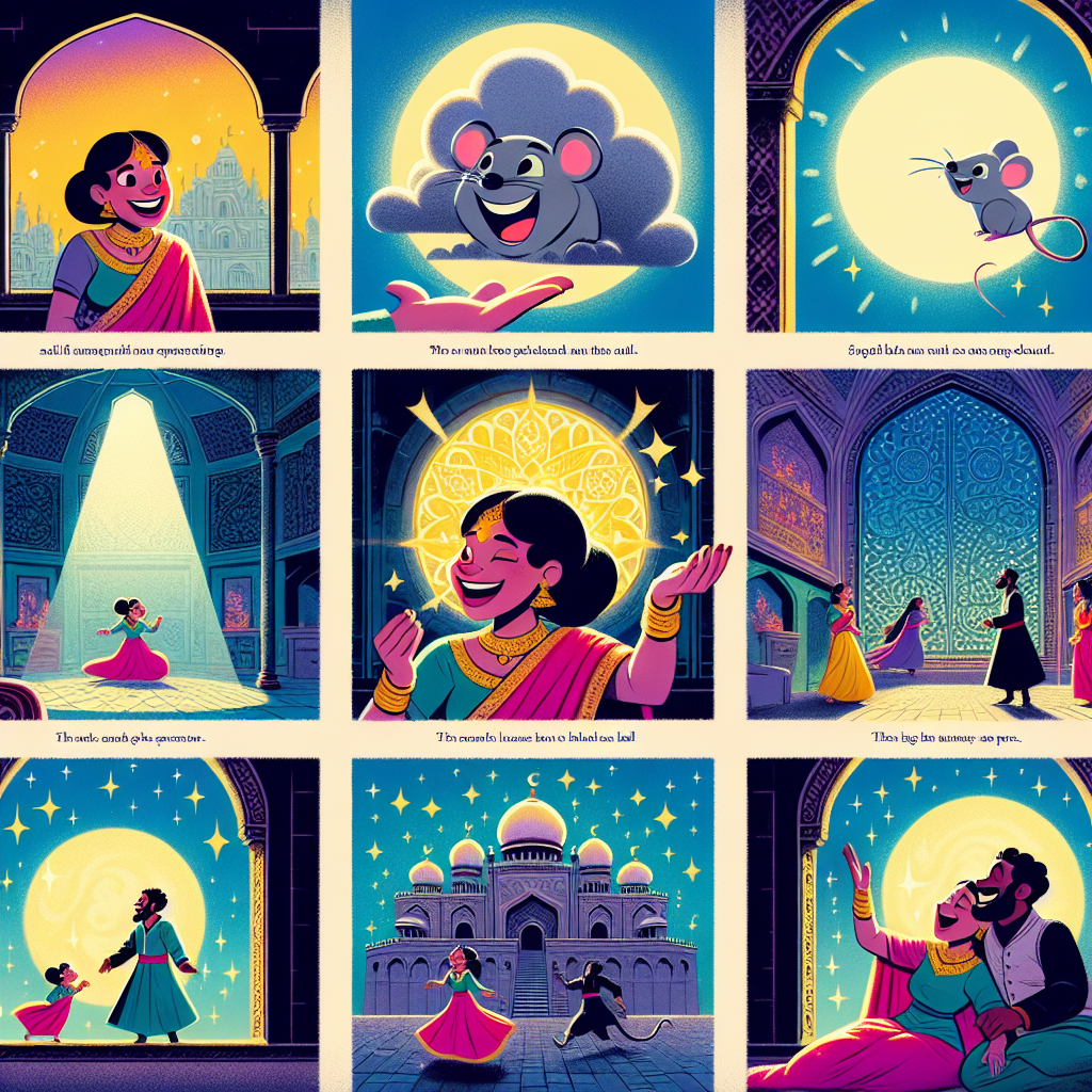 Colorful cartoon storyboard showing 8 key scenes from The Mouse and the Princess