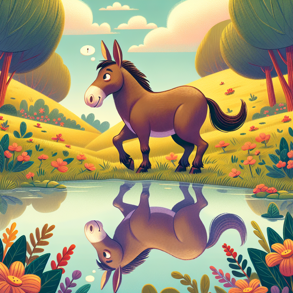 Colorful children's illustration for the story: The Mule and His Reflection