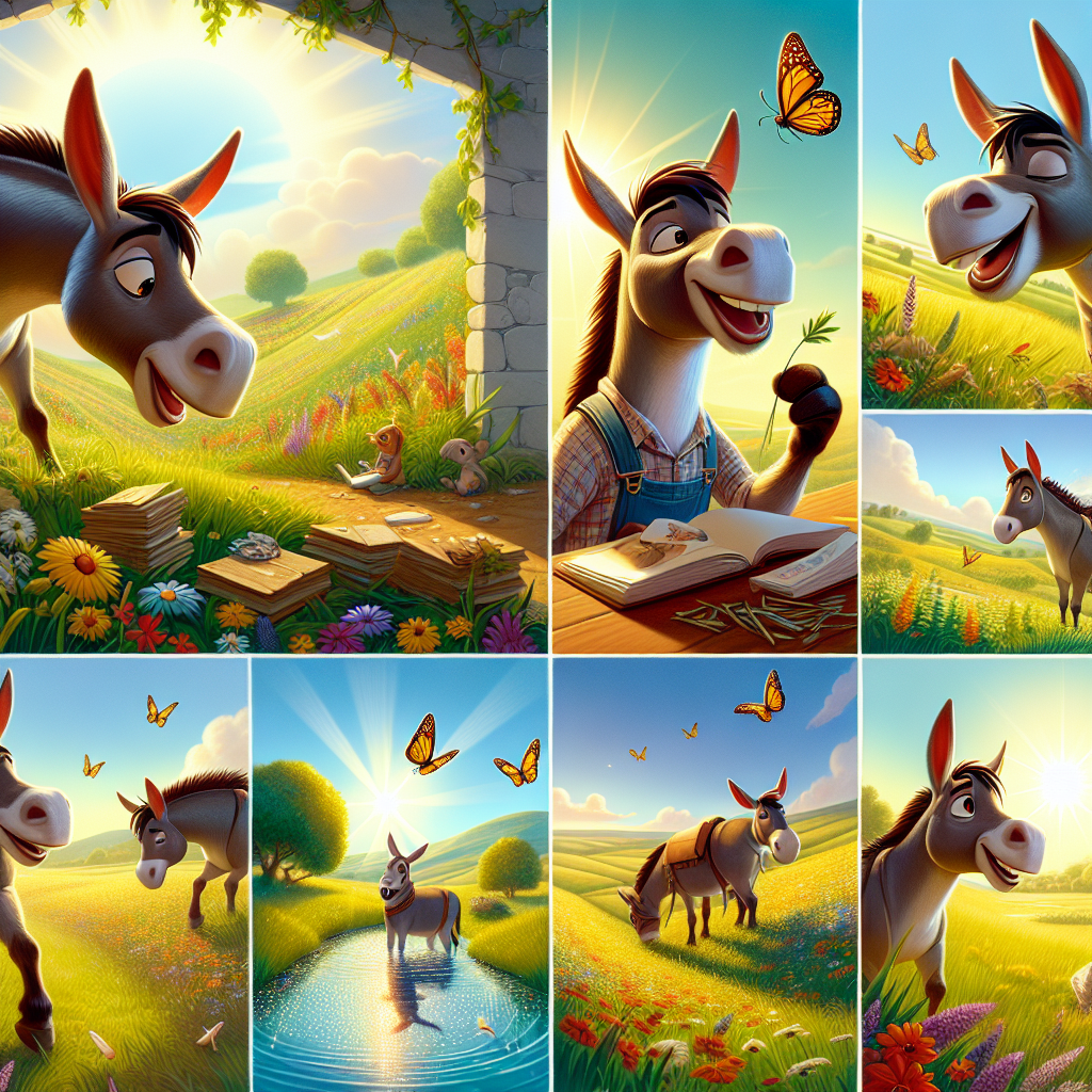 Colorful cartoon storyboard showing 8 key scenes from The Mule and His Reflection