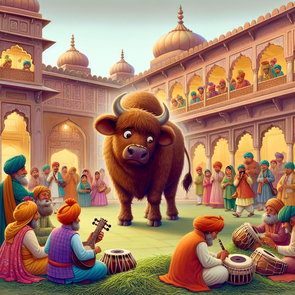 Colorful children's illustration for the story: The Musician and the Bull