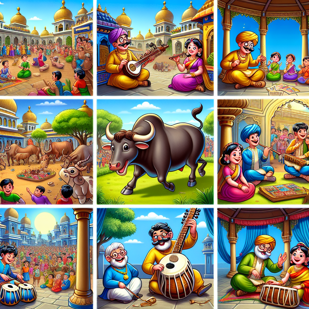 Colorful cartoon storyboard showing 8 key scenes from The Musician and the Bull