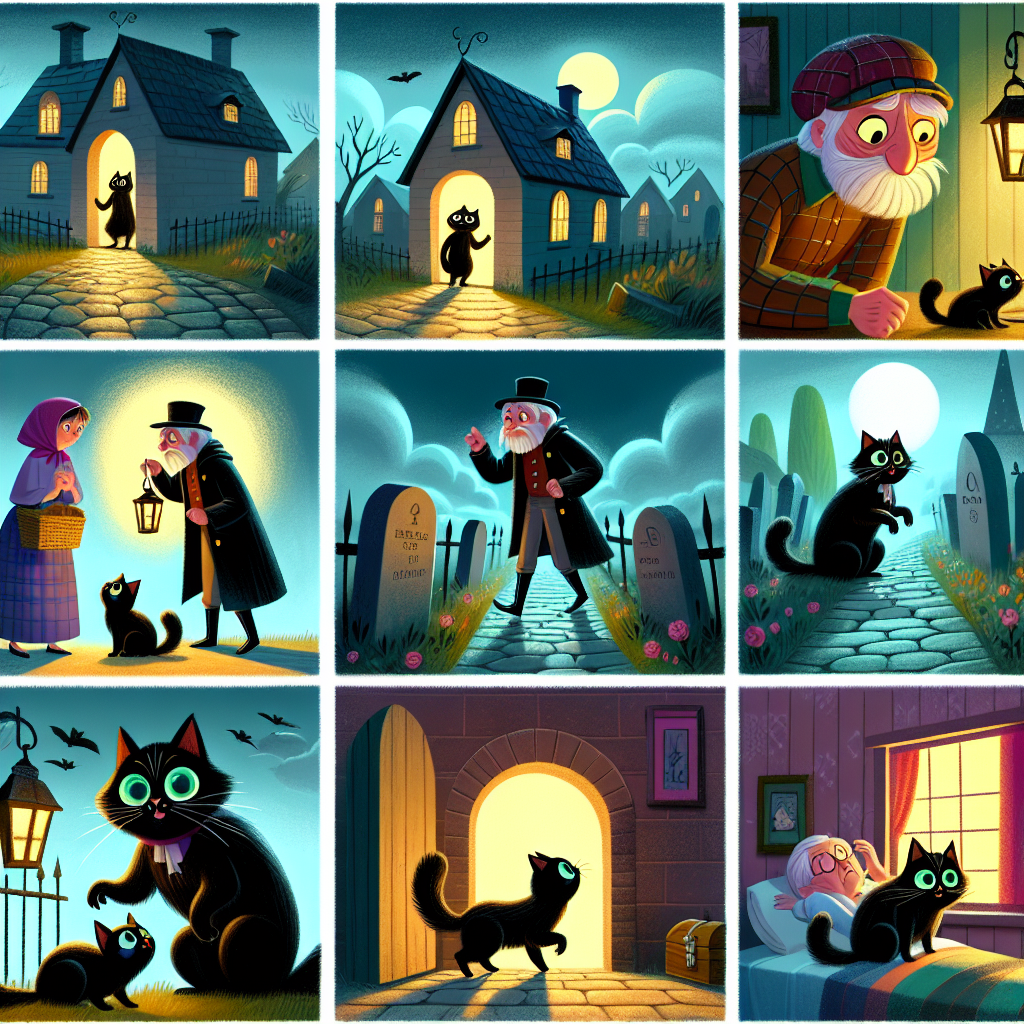 Colorful cartoon storyboard showing 8 key scenes from The King of the Cats