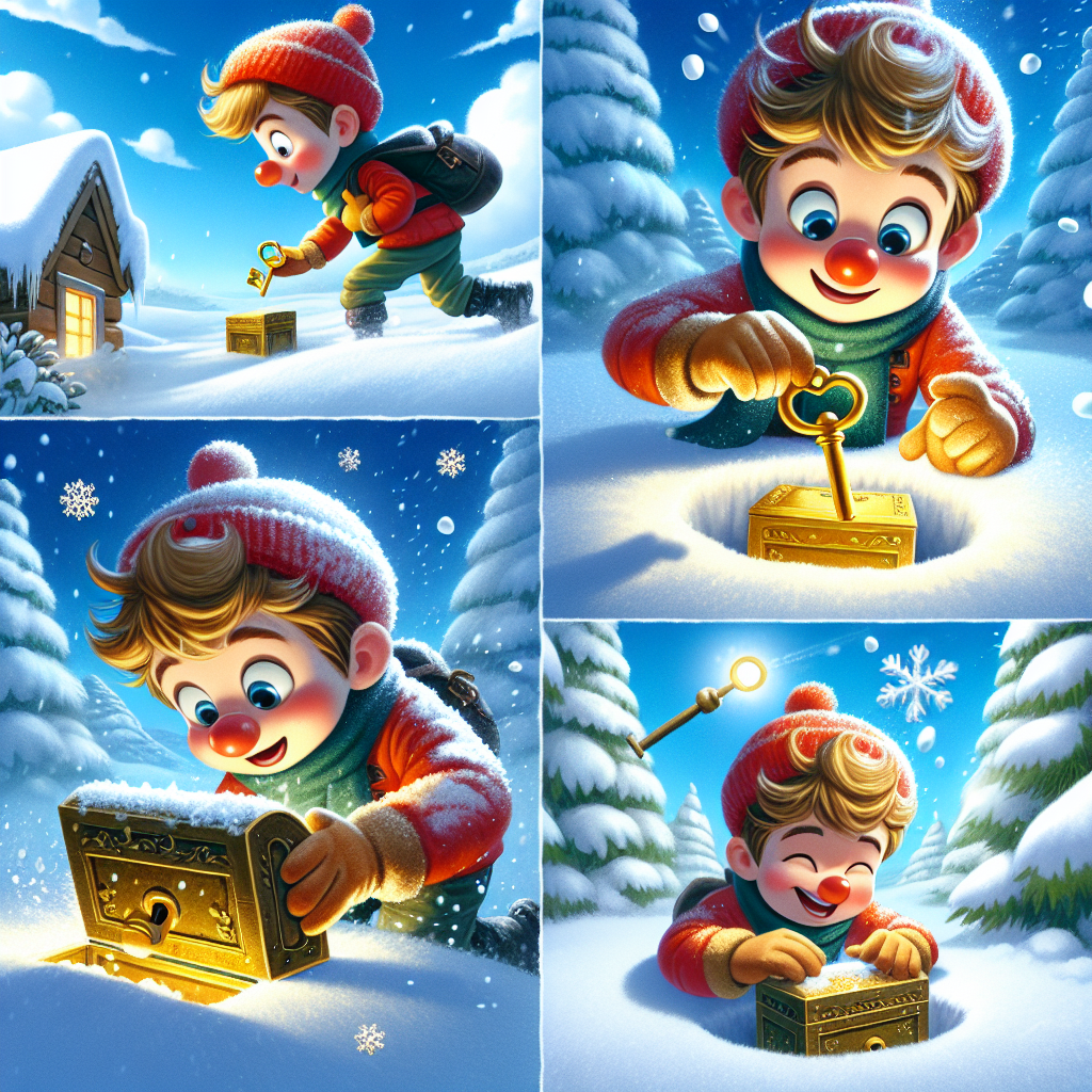 Colorful cartoon storyboard showing 8 key scenes from The Golden Key
