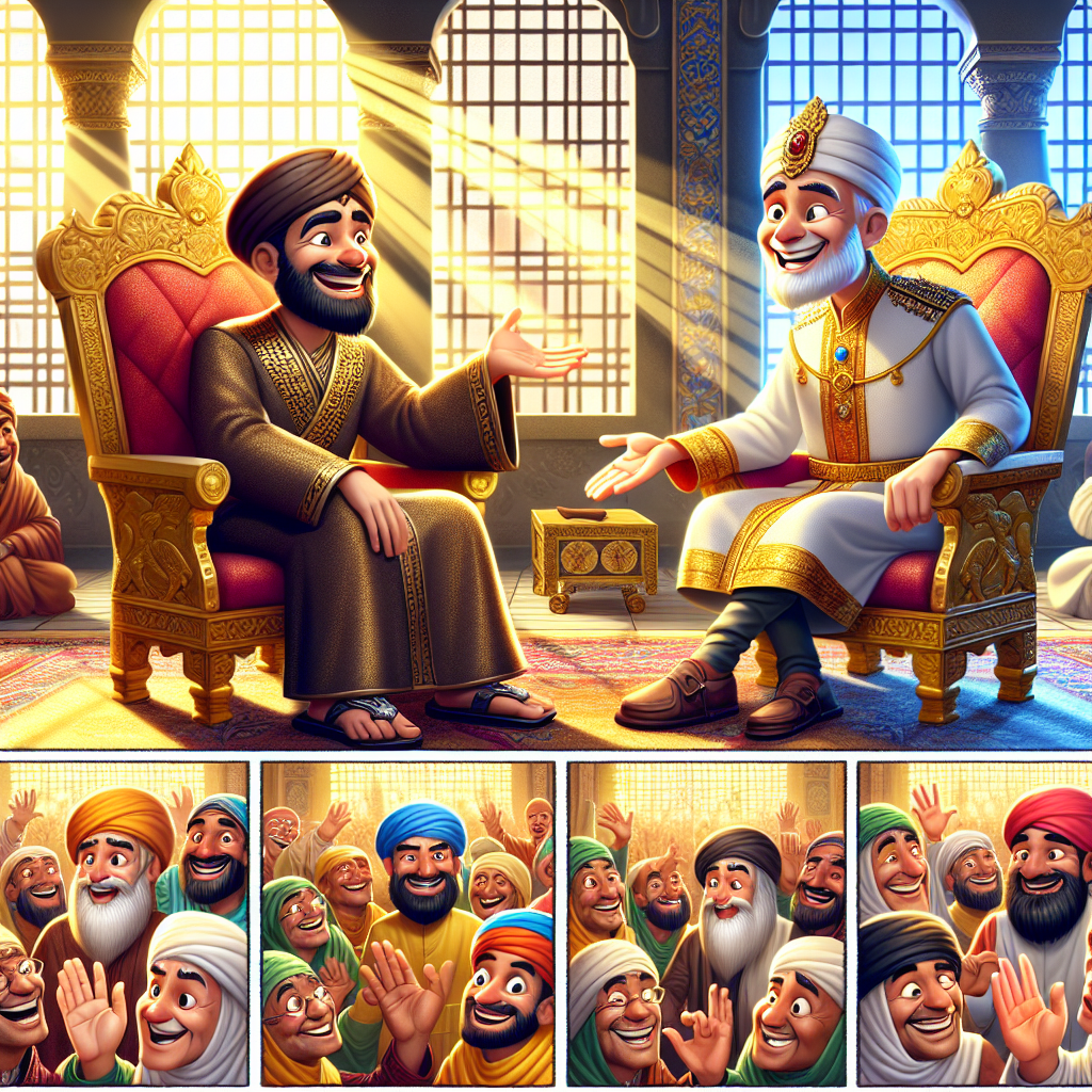 Colorful cartoon storyboard showing 8 key scenes from The Hairless Palms
