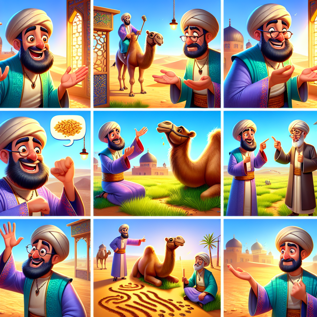 Colorful cartoon storyboard showing 8 key scenes from The Missing Camel