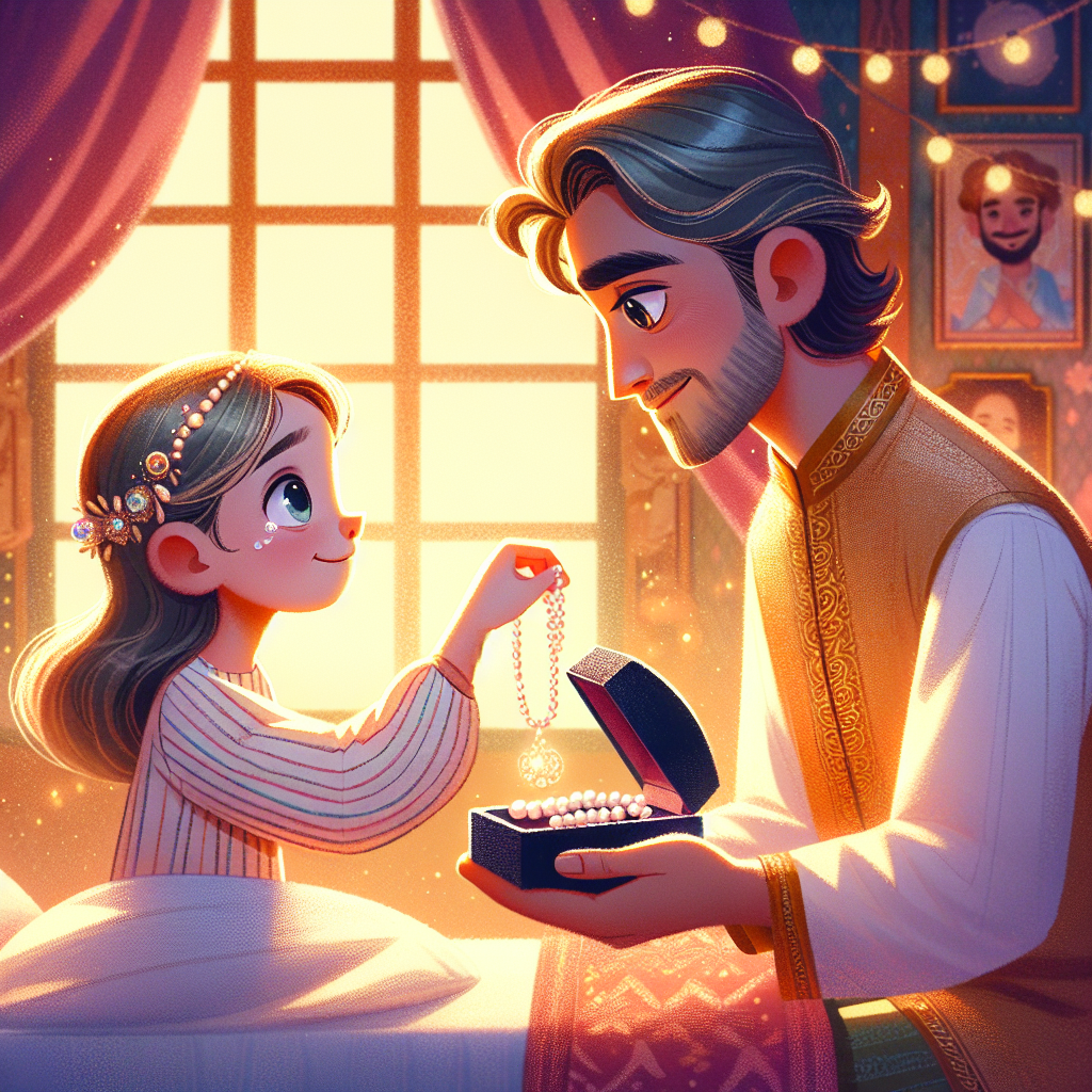 Colorful children's illustration for the story: The Pearl Necklace