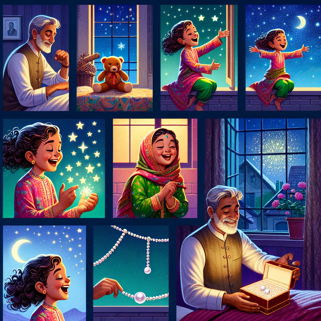 Colorful cartoon storyboard showing 8 key scenes from The Pearl Necklace