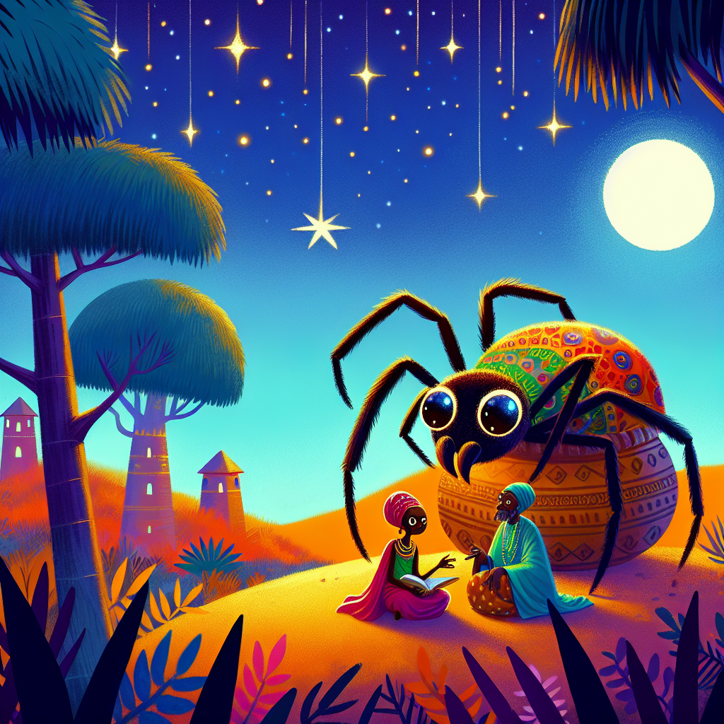 Colorful children's illustration for the story: Anansi Brings the Stories