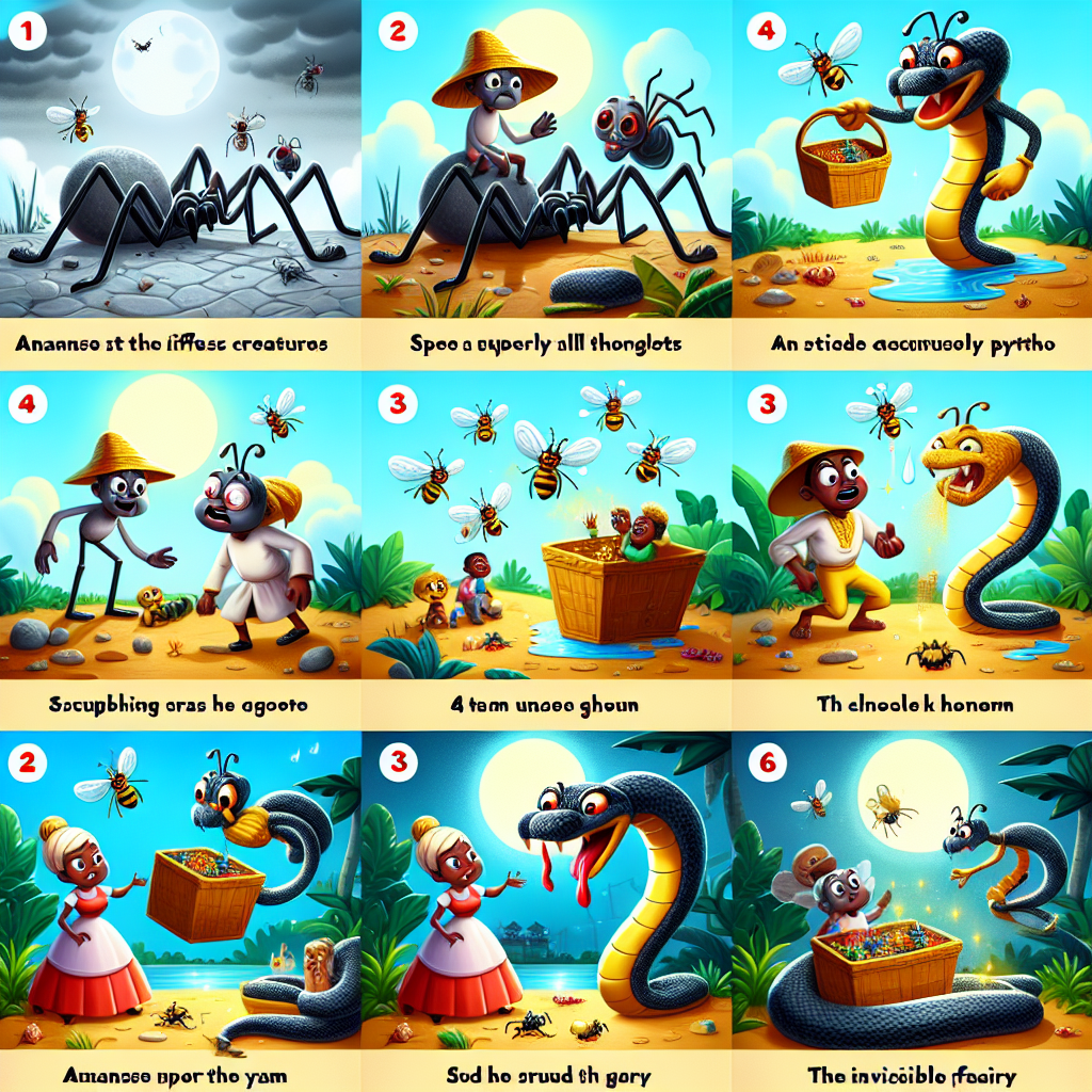 Colorful cartoon storyboard showing 8 key scenes from Anansi Brings the Stories