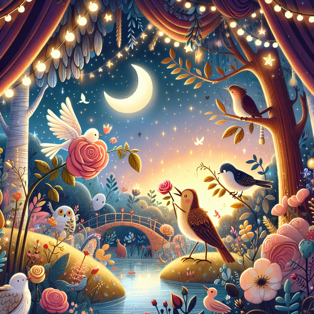 Colorful children's illustration for the story: The Nightingale and the Rose