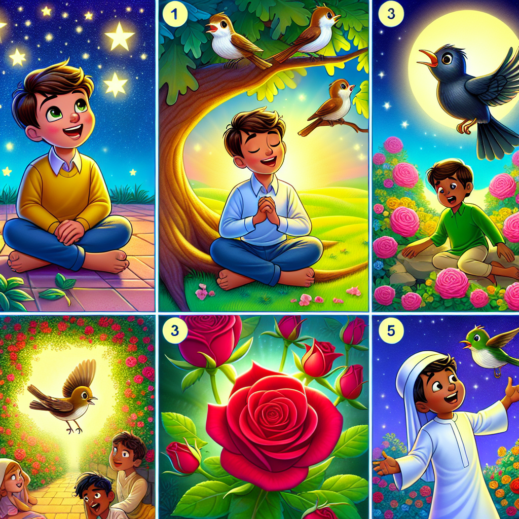 Colorful cartoon storyboard showing 8 key scenes from The Nightingale and the Rose