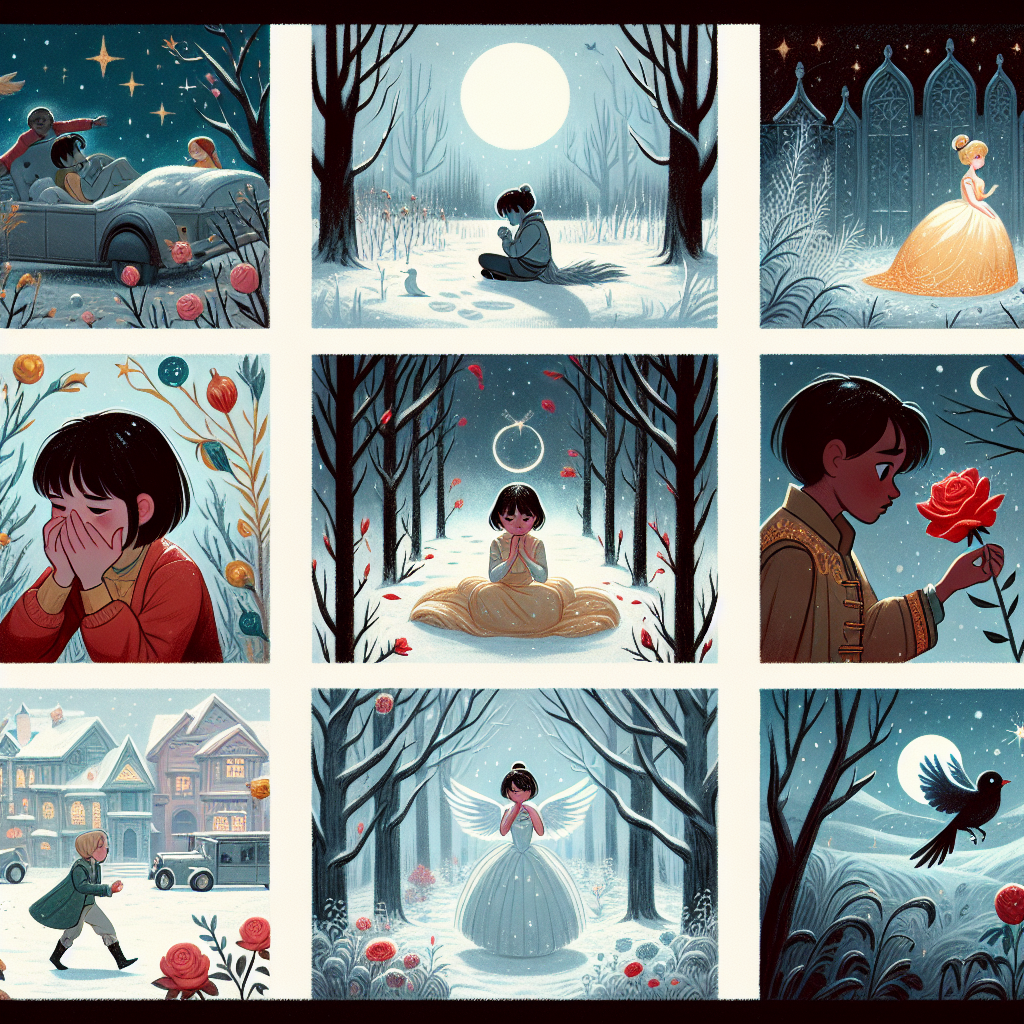 Colorful cartoon storyboard showing 8 key scenes from The Nightingale's Last Song