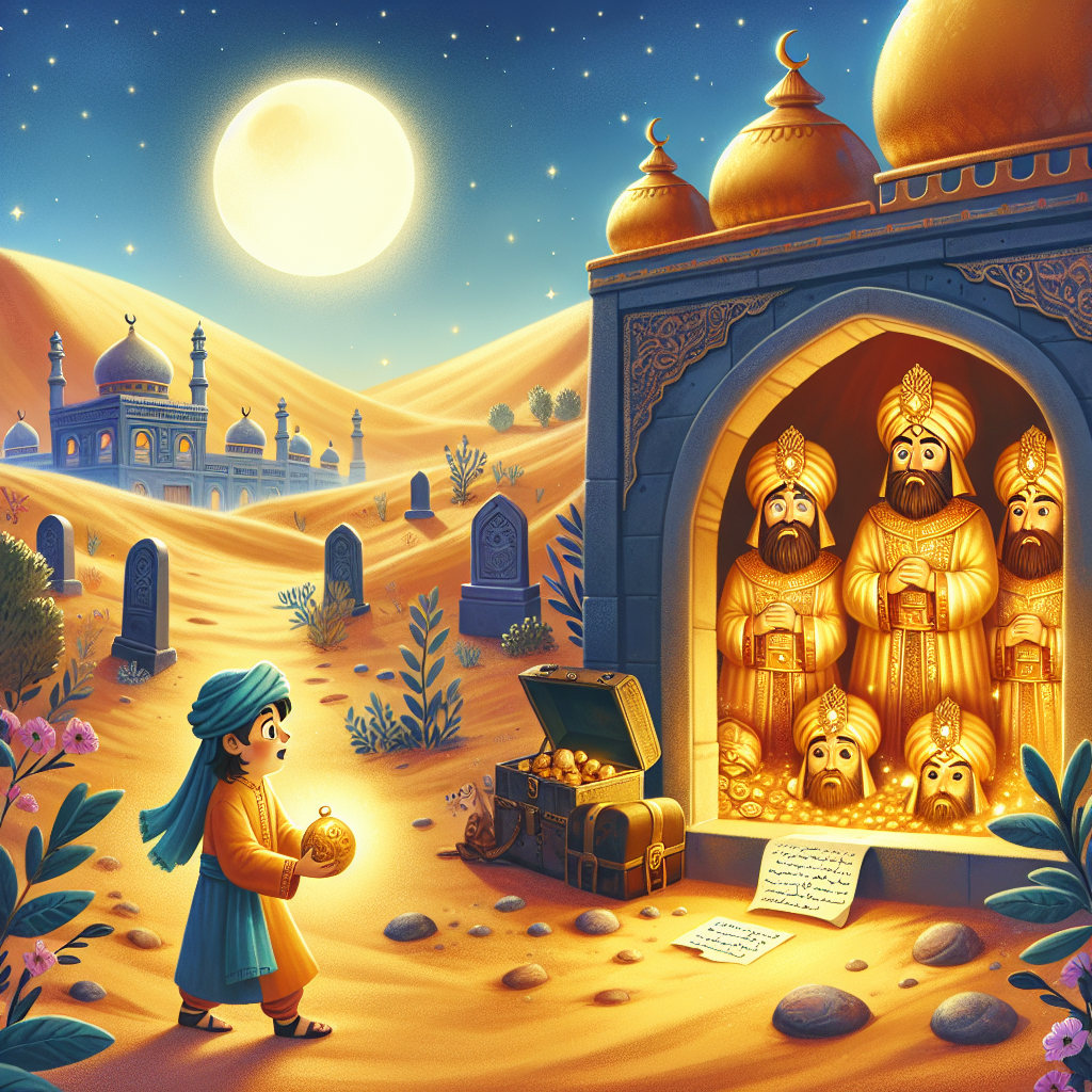 Colorful children's illustration for the story: The Golden Statues