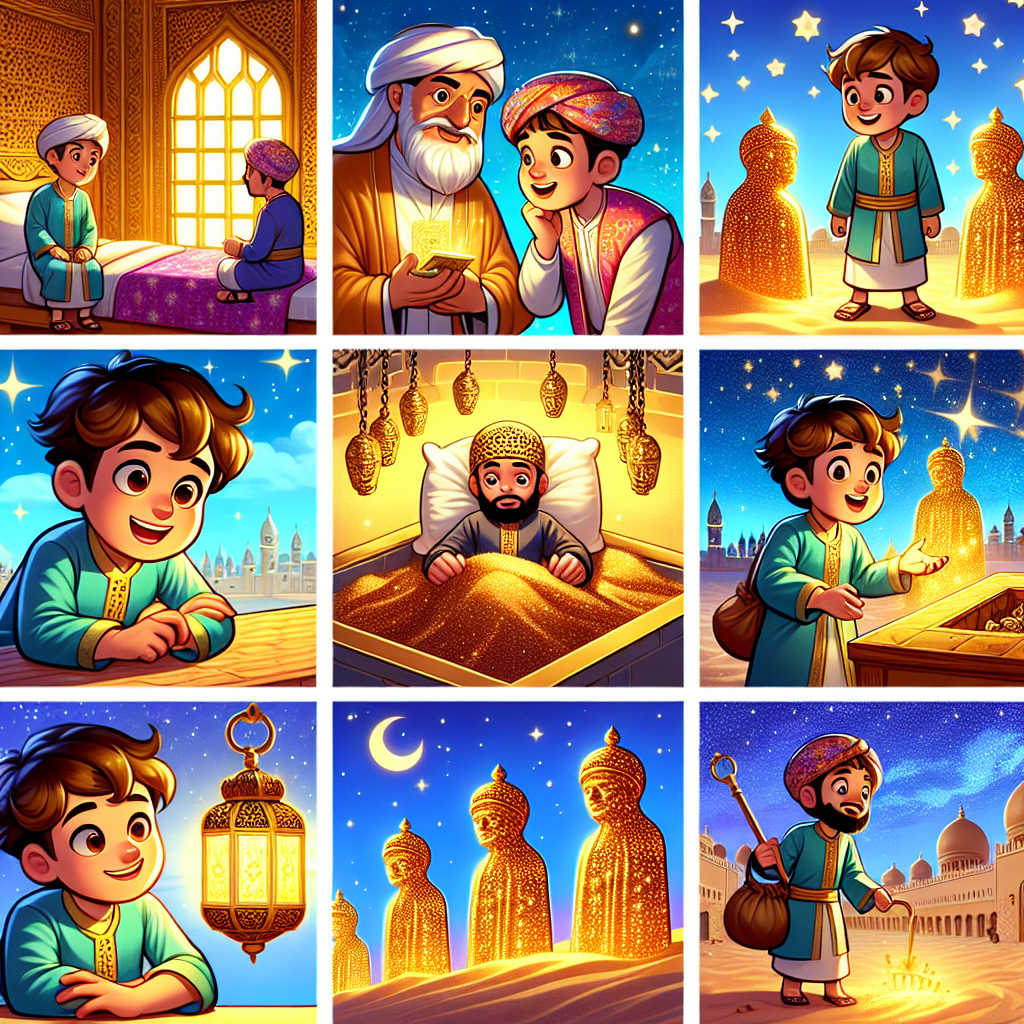 Colorful cartoon storyboard showing 8 key scenes from The Golden Statues