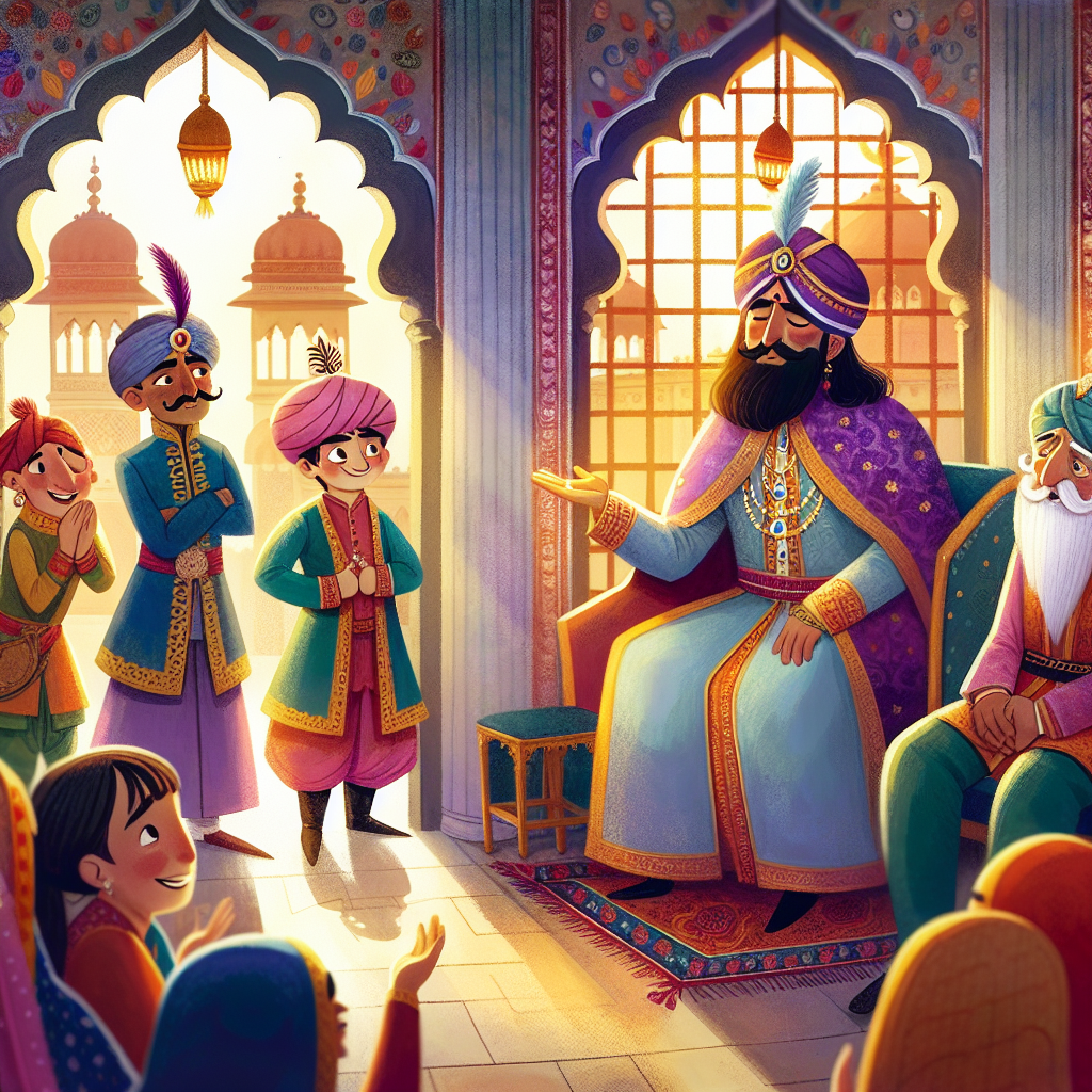 Colorful children's illustration for the story: Birbal's Clever Trap