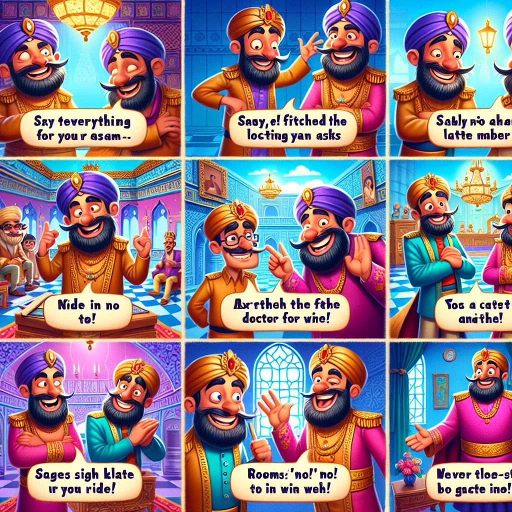 Colorful cartoon storyboard showing 8 key scenes from Birbal's Clever Trap