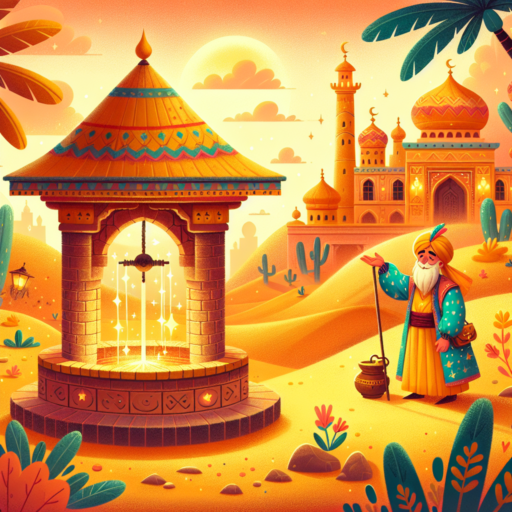 Colorful children's illustration for the story: The Merchant and the Genius