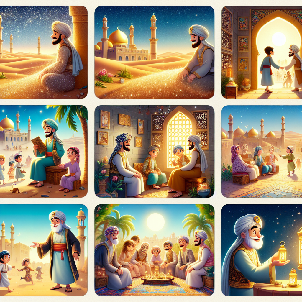 Colorful cartoon storyboard showing 8 key scenes from The Merchant and the Genius