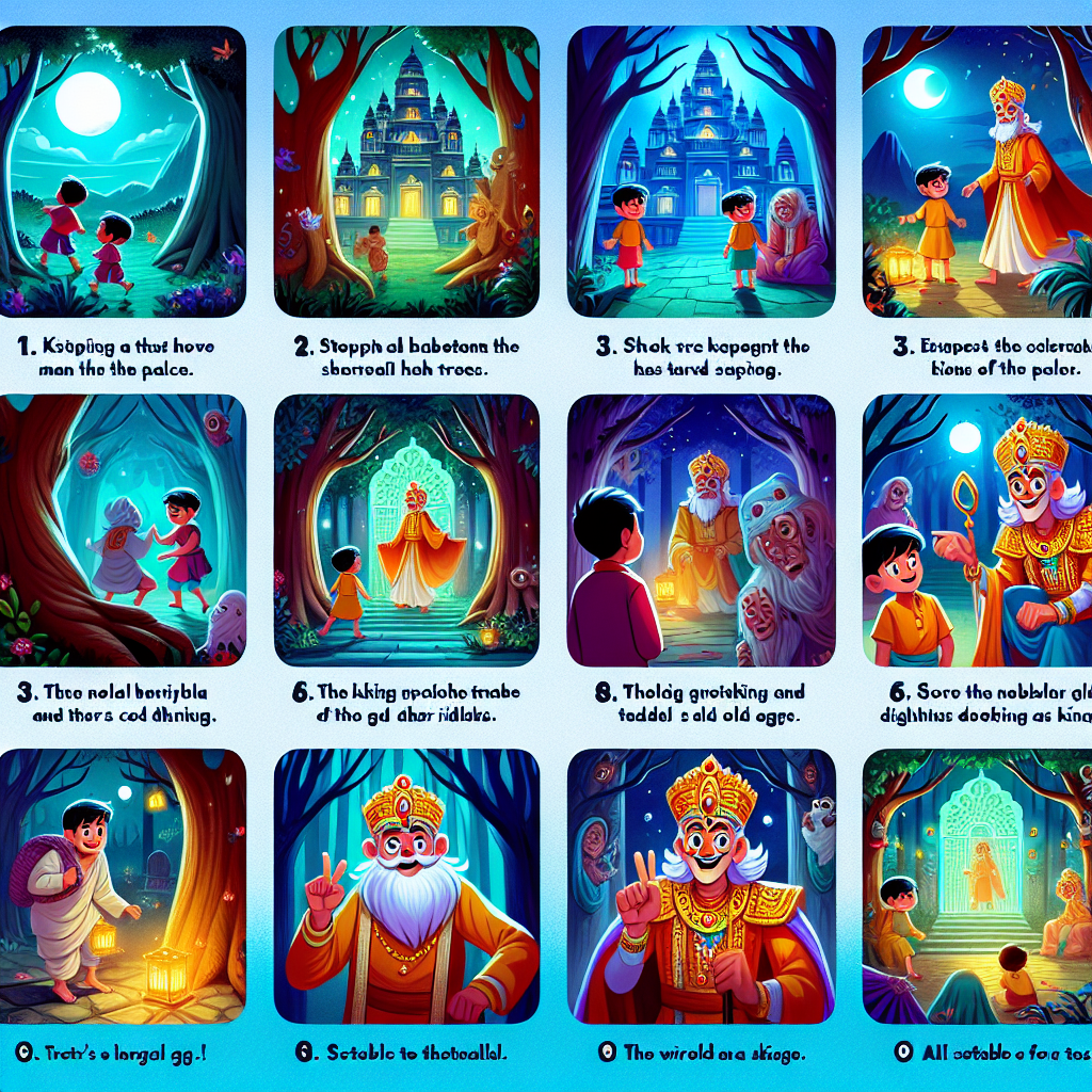 Colorful cartoon storyboard showing 8 key scenes from The Noblest Man in the Palace
