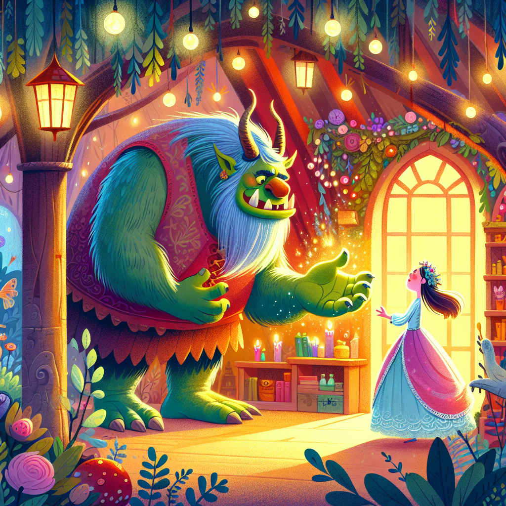 Colorful children's illustration for the story: The Clever Bride of the Ogre