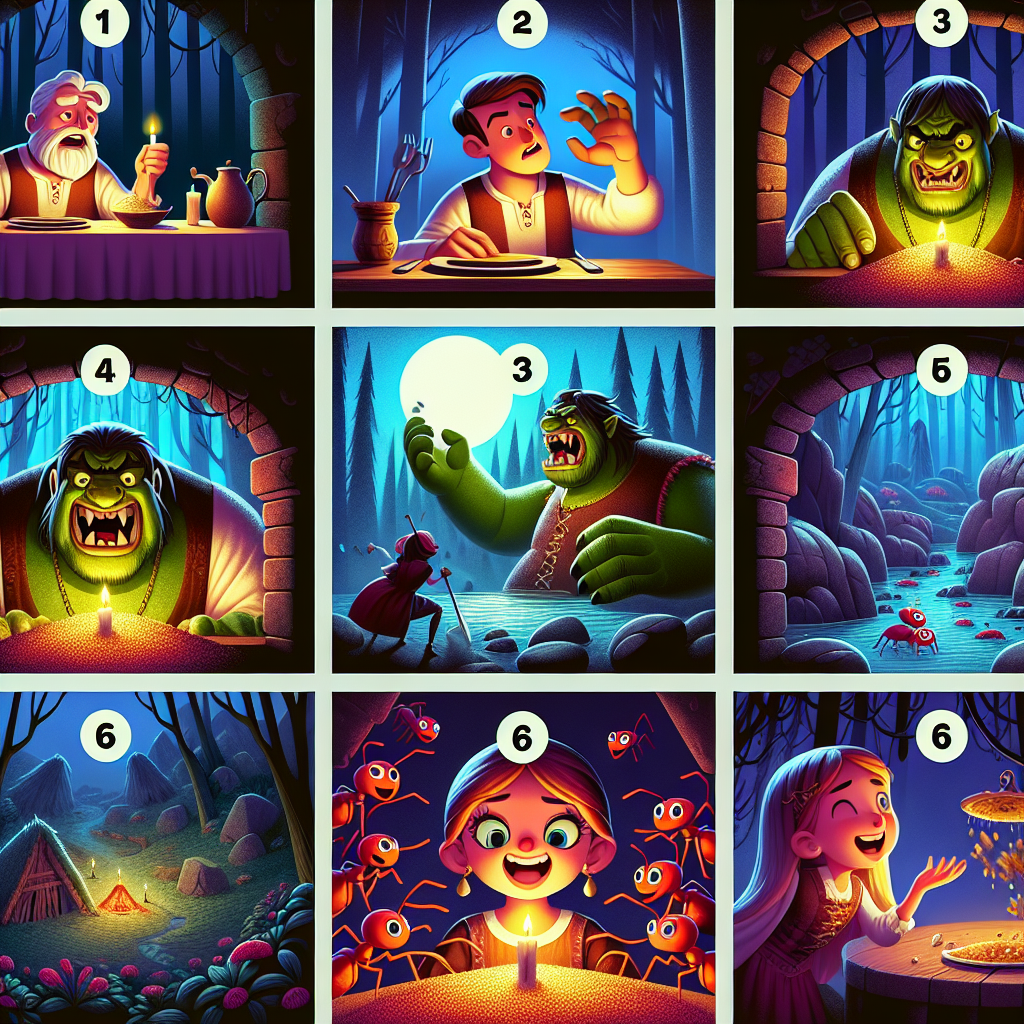 Colorful cartoon storyboard showing 8 key scenes from The Clever Bride of the Ogre