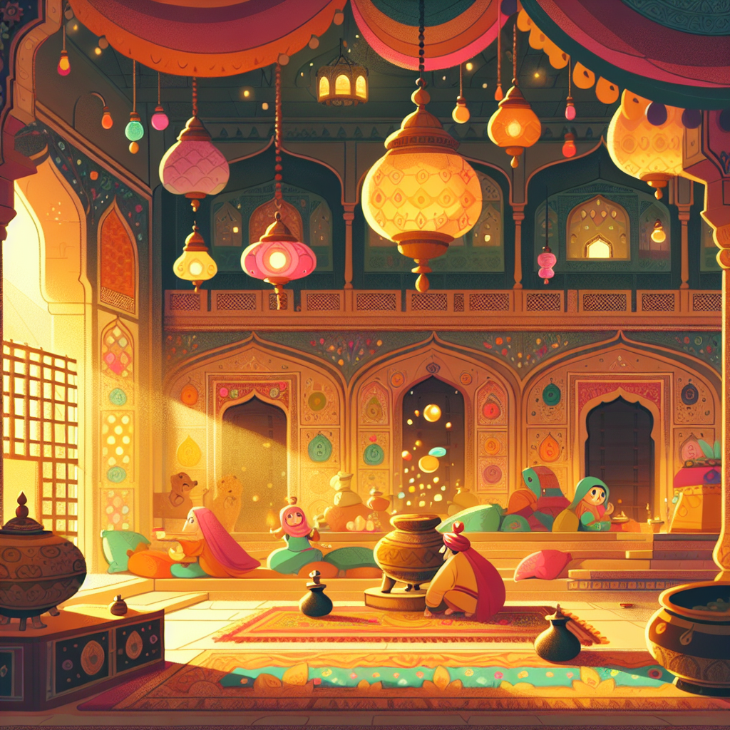 Colorful children's illustration for the story: The Oil Merchant and the Thief
