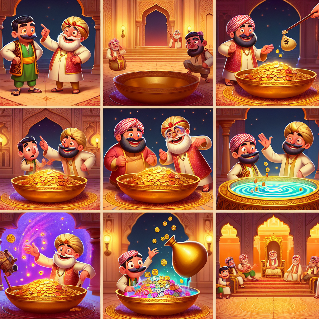 Colorful cartoon storyboard showing 8 key scenes from The Oil Merchant and the Thief