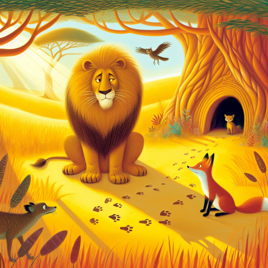Colorful children's illustration for the story: The Lion and the Clever Fox