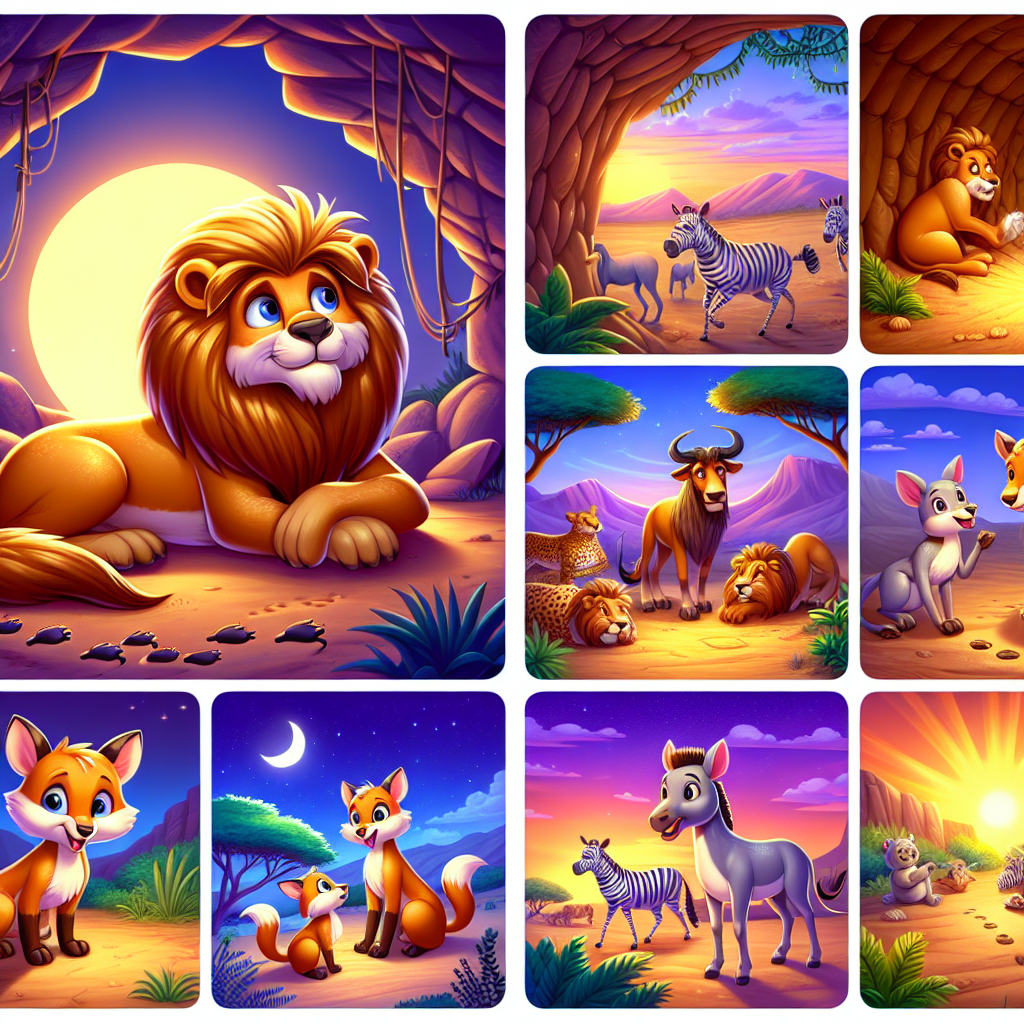 Colorful cartoon storyboard showing 8 key scenes from The Lion and the Clever Fox