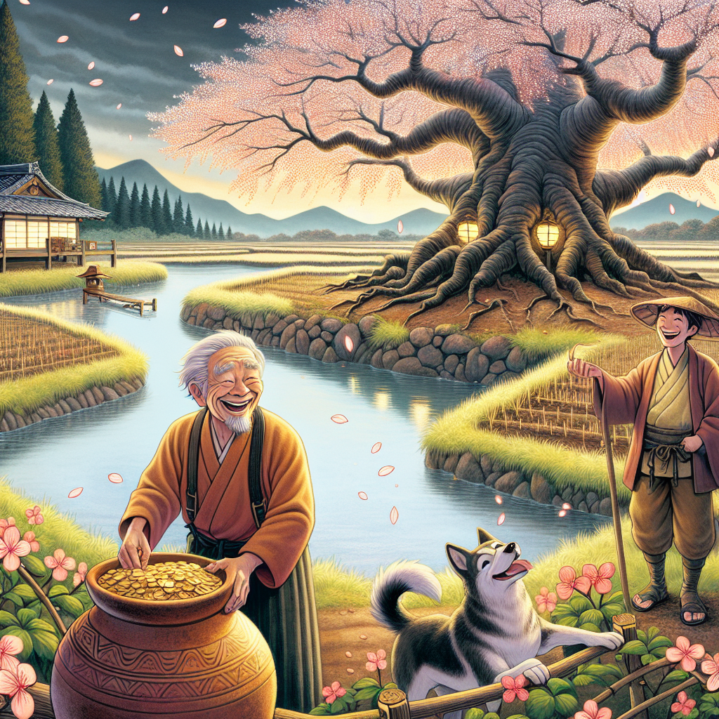 Colorful children's illustration for the story: The Old Man Who Made the Flowers Bloom