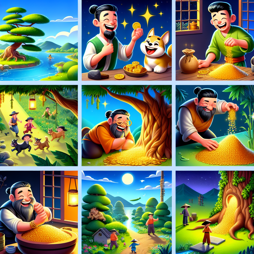 Colorful cartoon storyboard showing 8 key scenes from The Old Man Who Made the Flowers Bloom