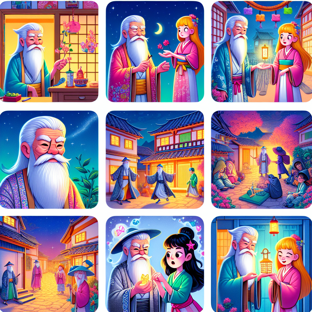 Colorful cartoon storyboard showing 8 key scenes from The Merchant and the Thief