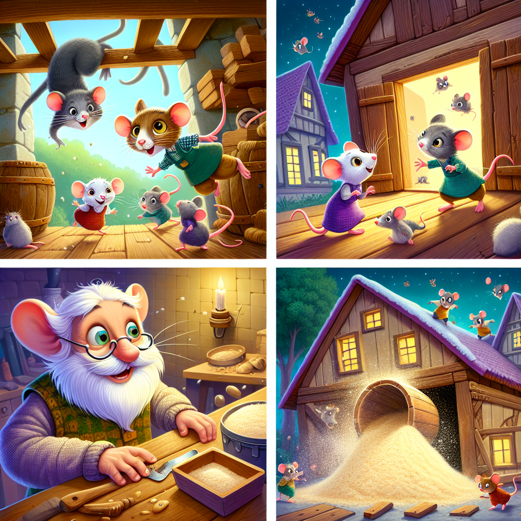 Colorful cartoon storyboard showing 8 key scenes from The Old Rat Who Knew Better