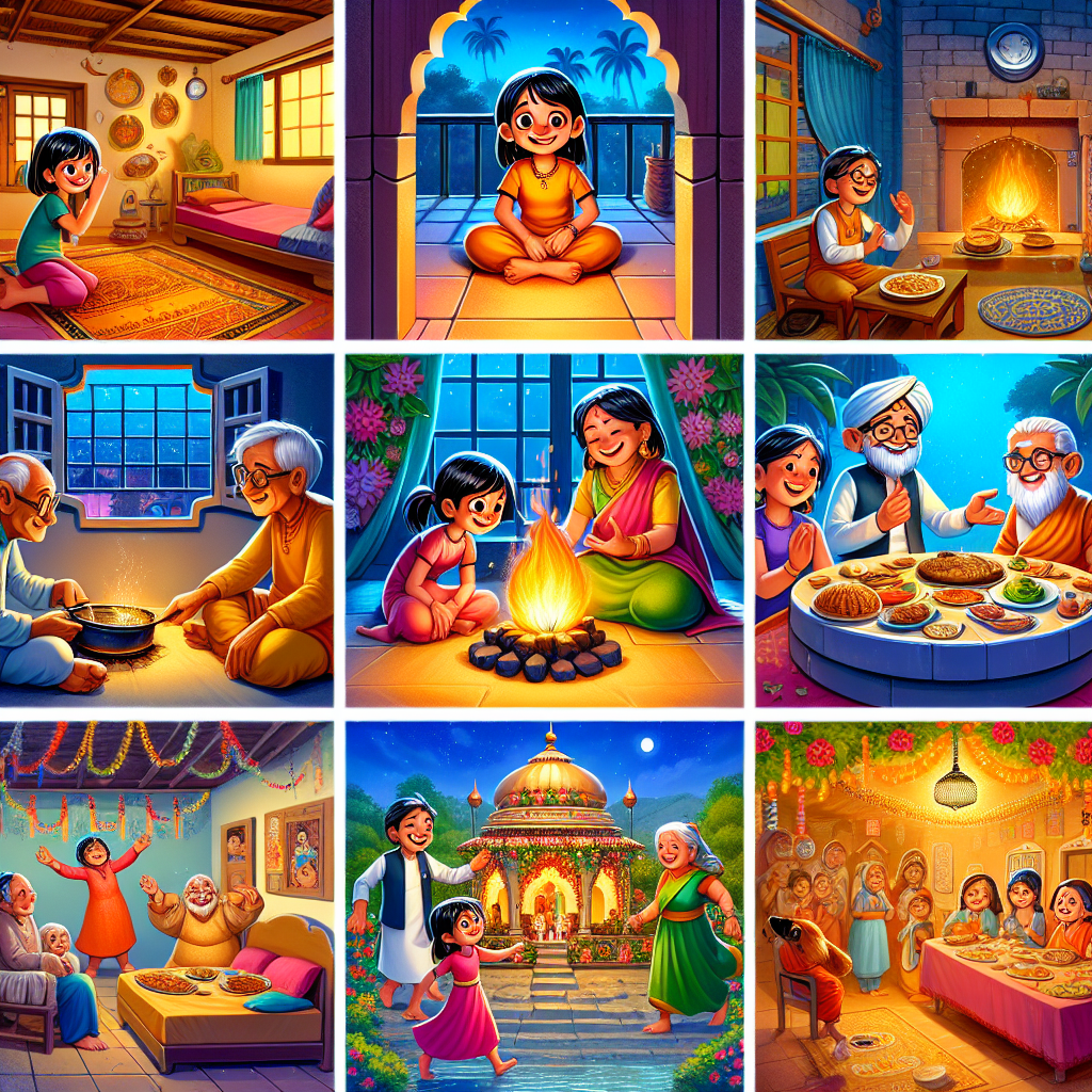 Colorful cartoon storyboard showing 8 key scenes from The Kindness of the Heart